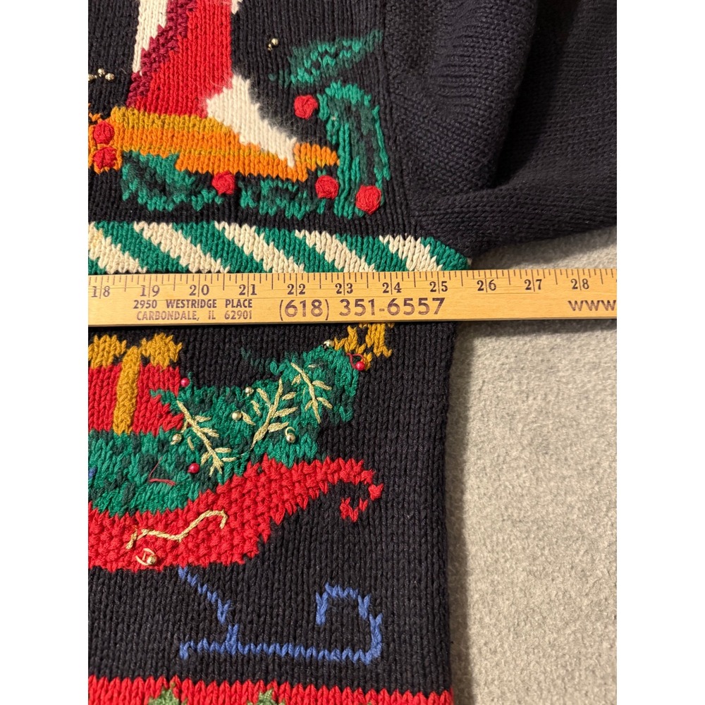 VTG Lauren Rogers Christmas Cardigan Sweater Black Knit Holiday Sleigh Tree 90's - Picture 10 of 11
